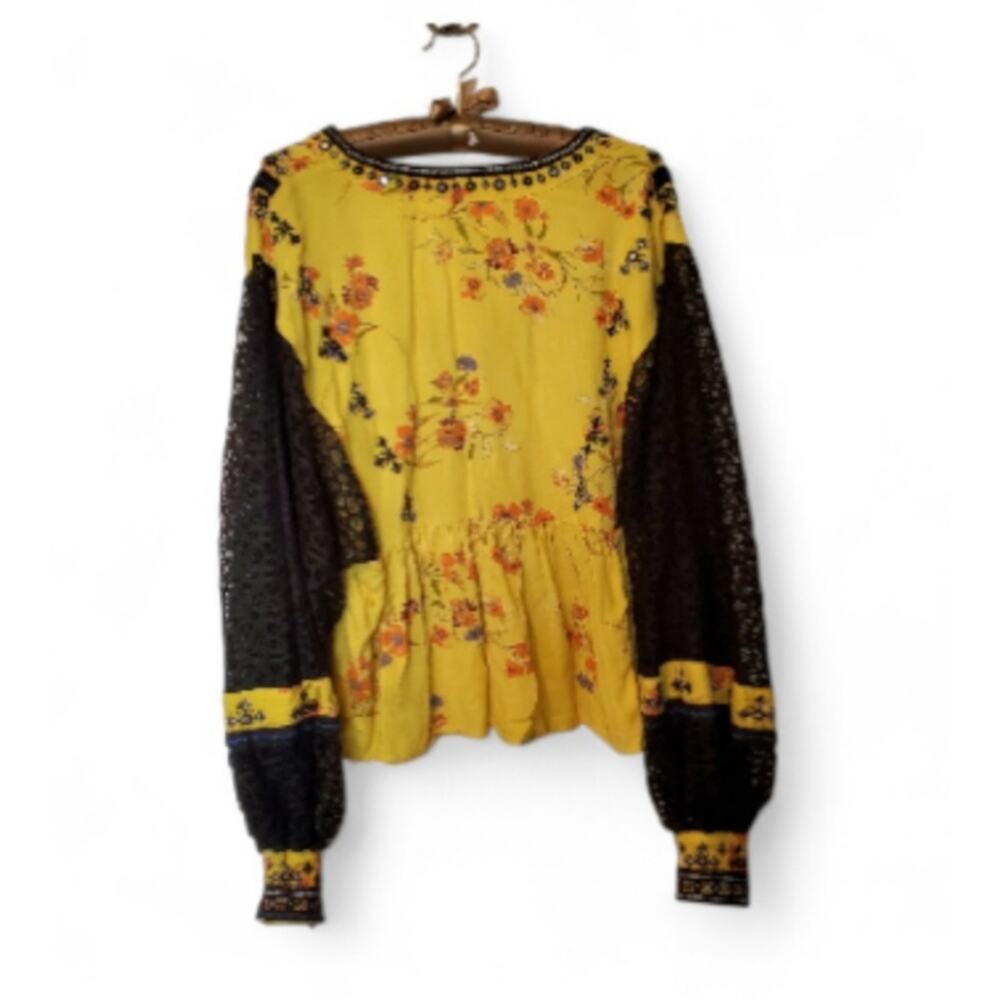 Free People Boogie All Night Yellow Boho Embellished Floral Blouse - Picture 2 of 8